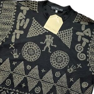 Calugi‎ E Giannelli NWT Black Linen Tribal Graphic Print Shirt Size 50/L VTG 80s